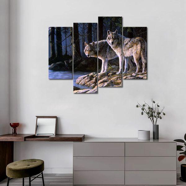 Two Wolf Stand On River Bank Forest Wall Art Painting Wolves Pictures Print On Canvas Animal The Picture For Home Modern Decoration 1
