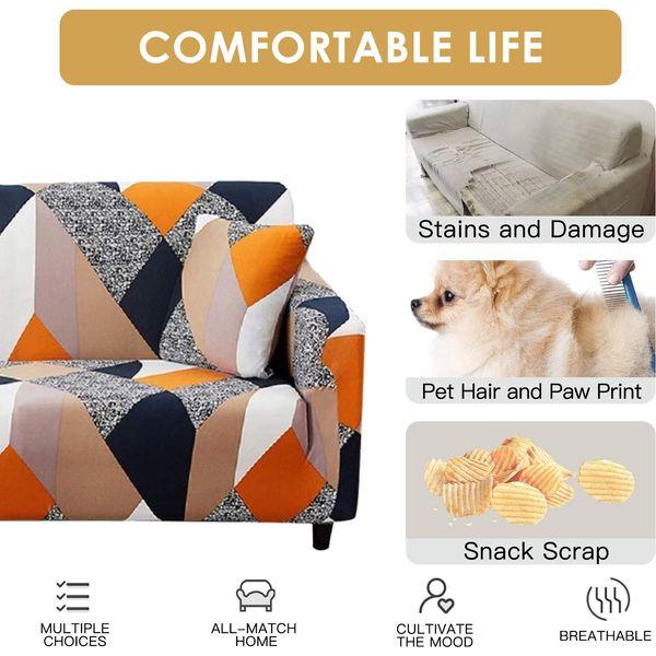 Hotniu 1-Piece Fit Stretch Sofa Covers - Polyester Spandex Printed Sofa Slipcovers - Furniture Cover/Protector for 4 Seat Couch with Elastic Bottom & Anti-Slip Foam (4 Seater, Grey Geometry) 3
