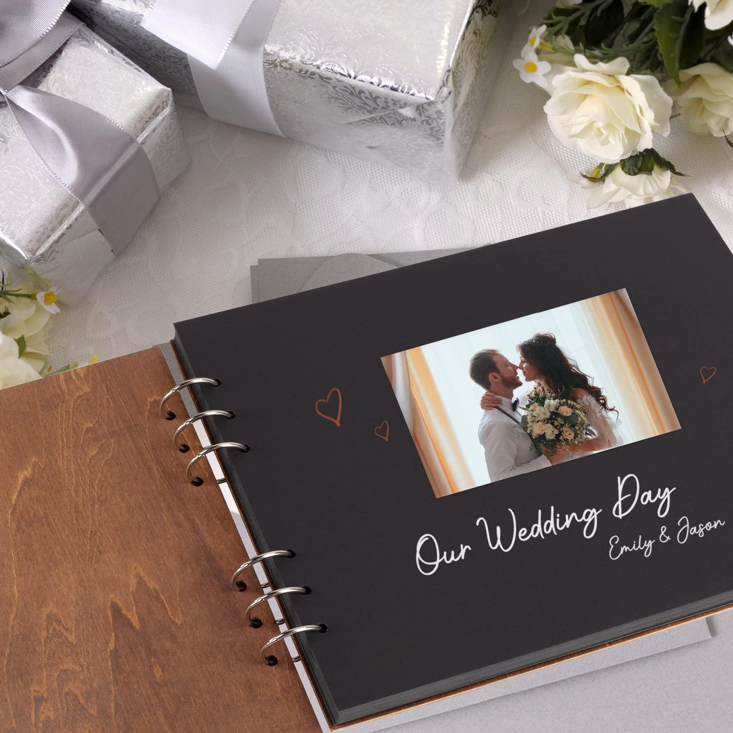 Creawoo 11’’ Mr&Mrs Wooden Guest Book Album Memory Keepsake for Wedding Anniversary Birthday with 80 Pages Blank Black Cardstocks - Available at Least 160 Pictures 1