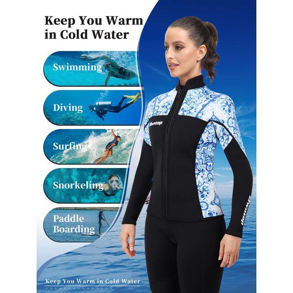 Joysummer Men Women Wetsuits Top - 3mm Neoprene Wetsuits Jacket, Long Sleeves Scuba Diving Suit Rash Guard for Diving Surfing Snorkeling UPF 50+, Women Blue S 3