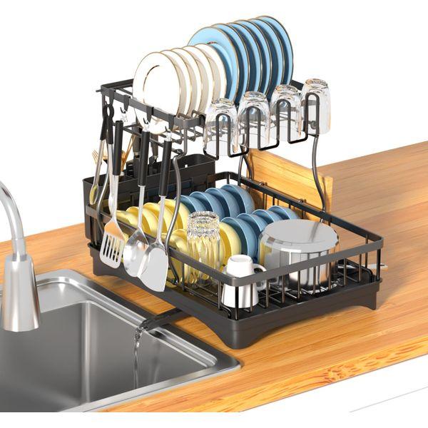 TOPWE Dish Drying Rack, 2 Tier Detachable Large Dish Rack with 360° Swivel Drainage Spout, Stainless Steel Dish Drainer with Drip Tray for Kitchen Counter (Black)