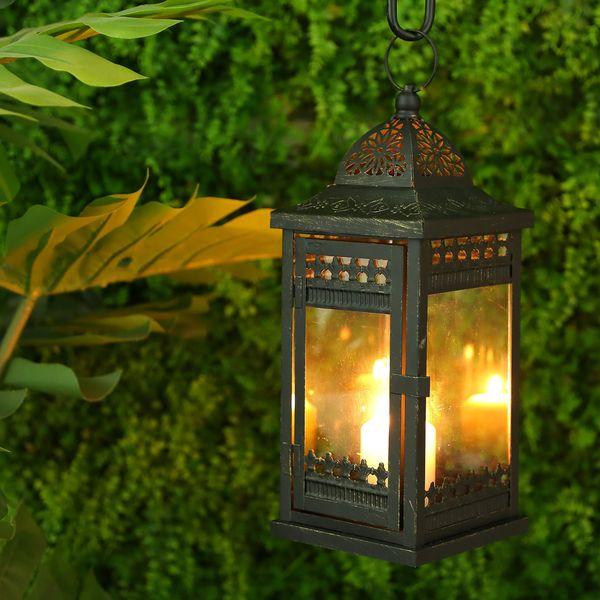 JHY DESIGN Candle Holders Set of 3 Decorative Candle Lanterns 51&37 &24 cm High Vintage Style Hanging Lantern Metal Candleholder for Indoor Outdoor Events Parities and Weddings(Black with Gold Brush) 4