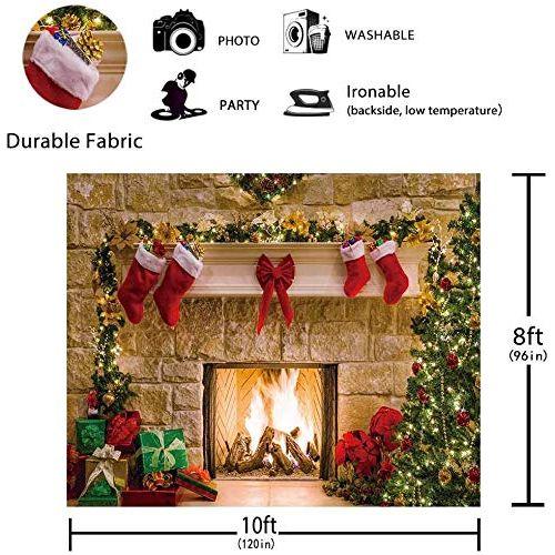 Allenjoy 10x8ft Christmas Fireplace Gift Xmas Party Photography Backdrop Winter Stove Sock for Pictures Decorations Durable Fabric Background Photo Studio Props 1