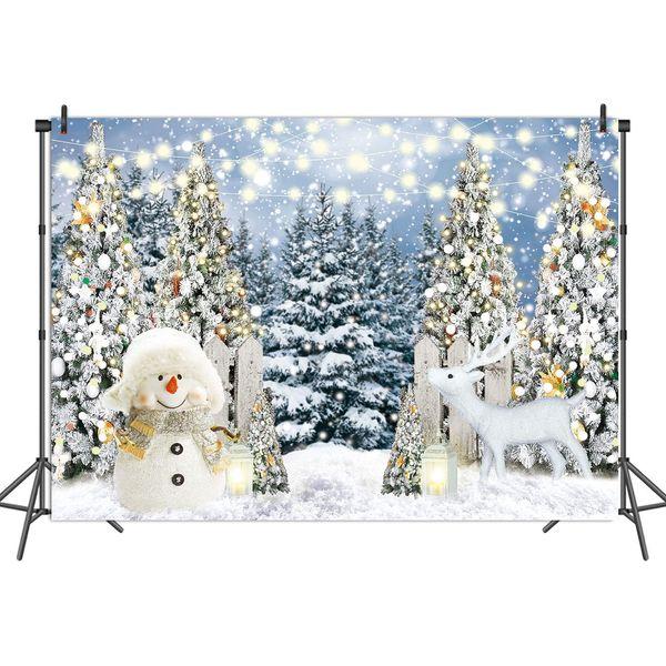 INRUI Glitter Christmas Pine Tree Snowman Photography Background Winter Snowflake White Elk Party Decoration Christmas Snowy Forest Birthday Backdrop (8x6FT) 0
