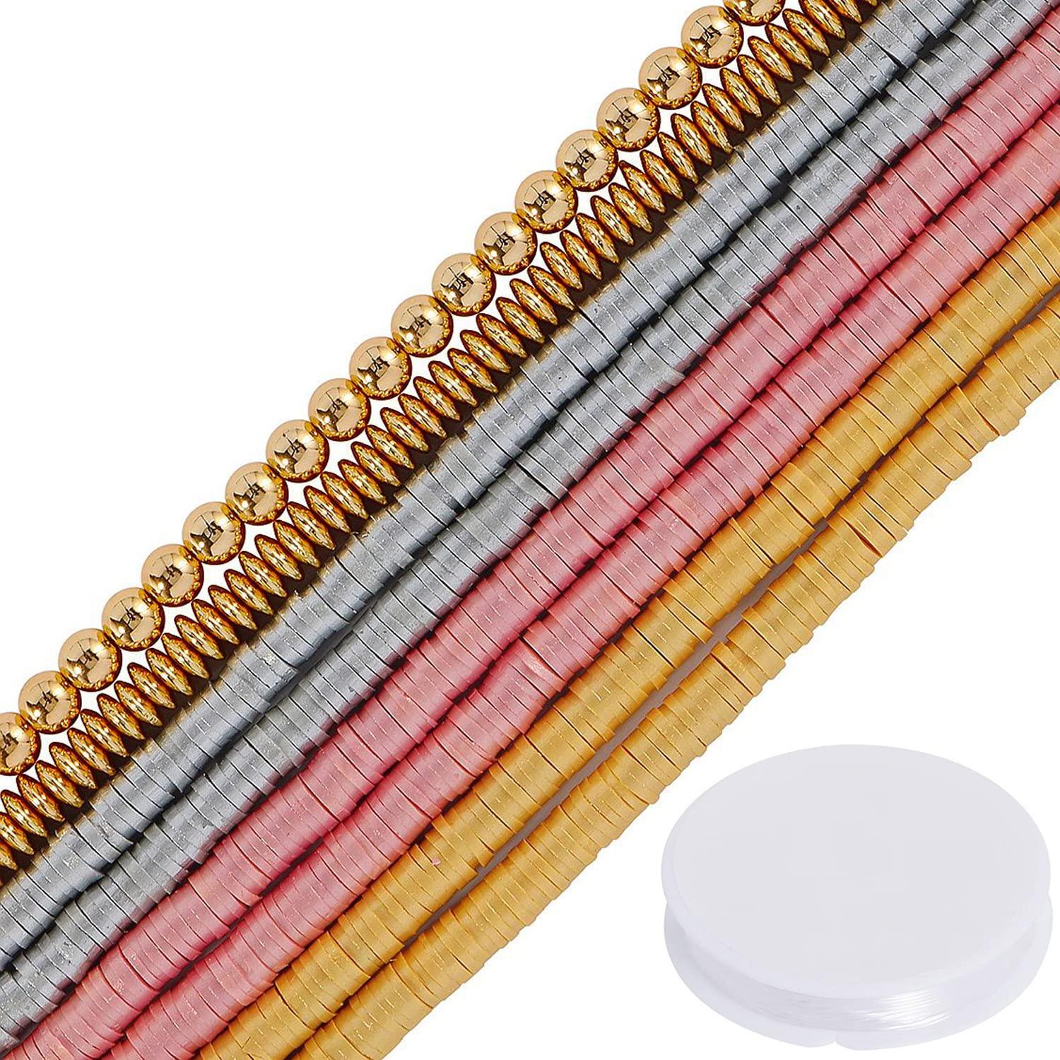 Bocar 6mm 6 Strands Clay Beads Kit Vinyl Flat Handmade Polymer Clay Beads with 2 Strands Alloy Beads Spacer 1 Roll Elastic Strings for Jewelry Making (CB-003-Mix1) 0