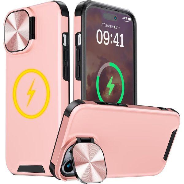 Buysing Magnetic Case for iPhone 14 Case/iPhone 13 Case with Camera Stand [Compatible with MagSafe] Invisible Metal Kickstand Military Grade Hard Matte Shockproof Phone Case 6.1"-Pink 0