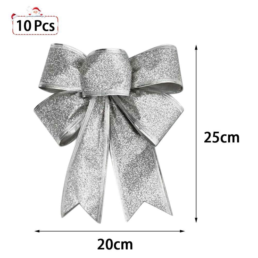 BTGGG 10 Pieces Bows for Presents Christmas Bows Xmas Tree Ornaments Glitter Bowknot Ribbon Christmas Decorations for Presents Box, Party, 25 * 20CM (Sliver) 1