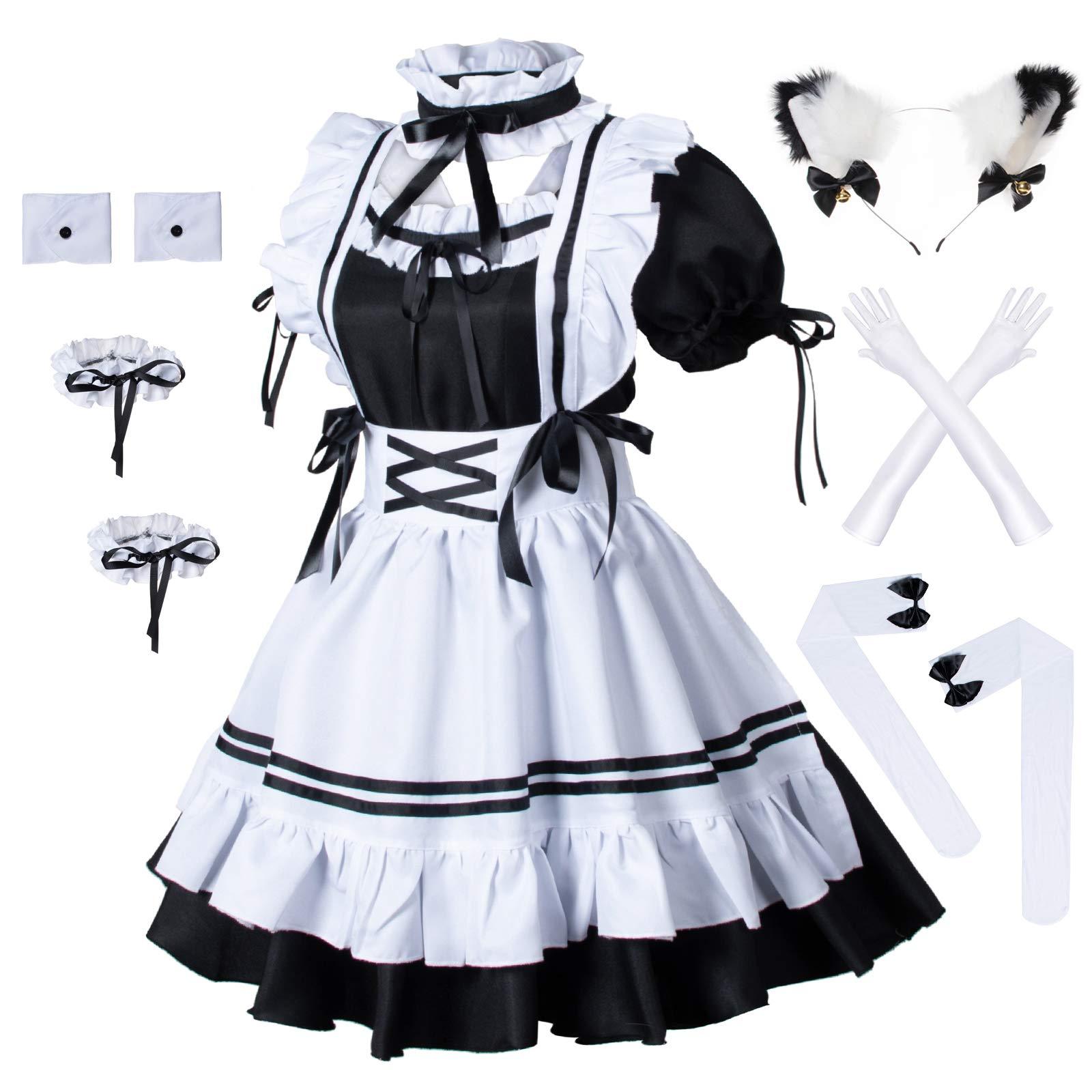 Anime French Maid Lolita Fancy Queen Princess Dress Cosplay Costume Furry Cat Ear Gloves Socks set（PinkL）
