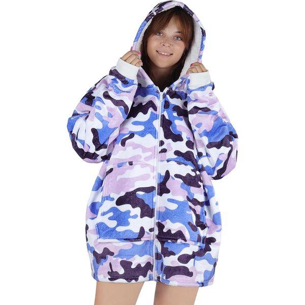 Queenshin Zip Up Wearable Blanket Hoodie,Oversized Sherpa Comfy Sweatshirt for Adults Women Girls,Warm Cozy Hooded Body Blanket with Zipper,Camouflage