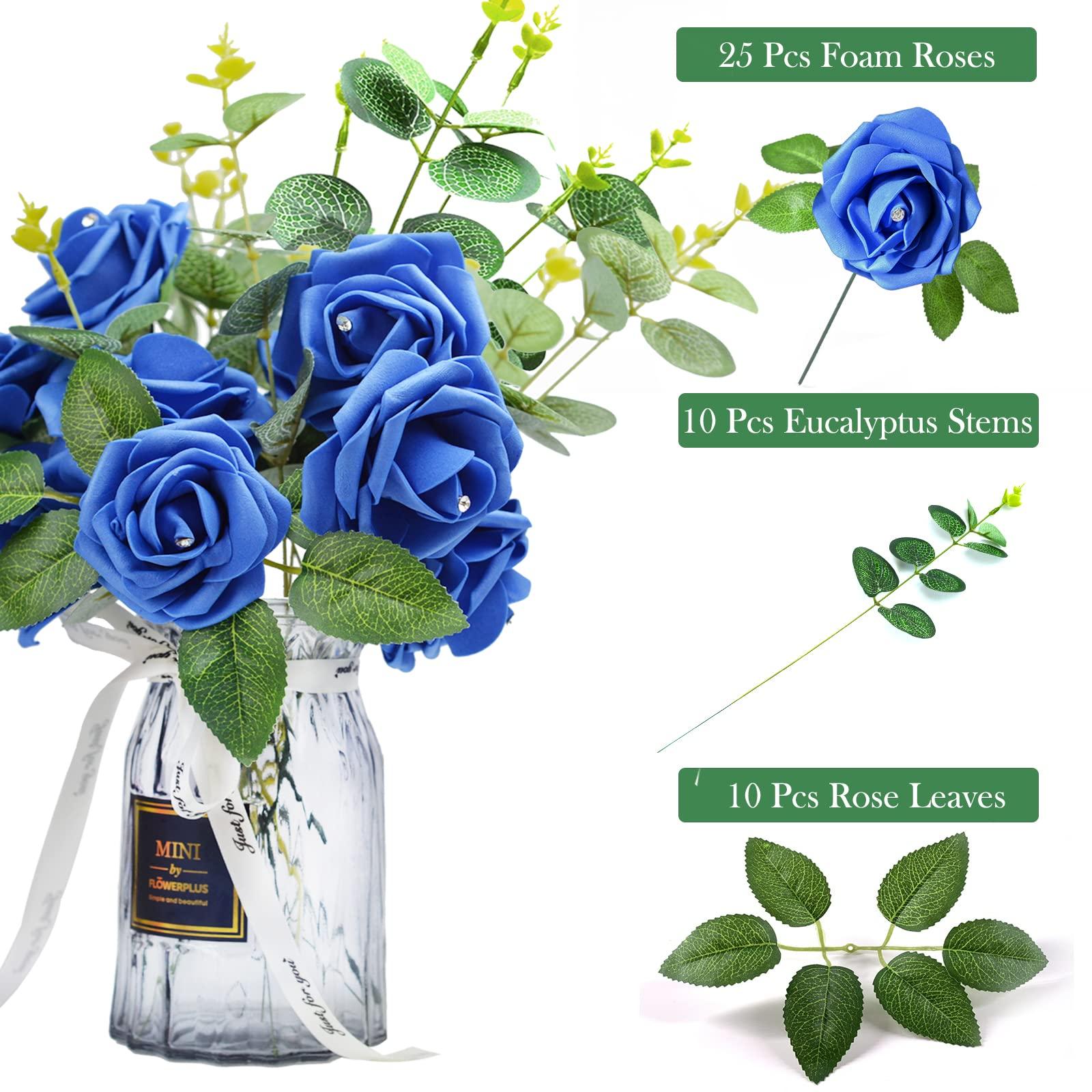 Fake Flowers Bouquet,25Pcs Foam Rose Bulk Artificial Flowers in box with Eucalyptus Stems,Aqua Blue Faux Rose Head Bundle,Floral Arrangements for DIY Wedding Centerpieces,Party and Home Table Décor 1