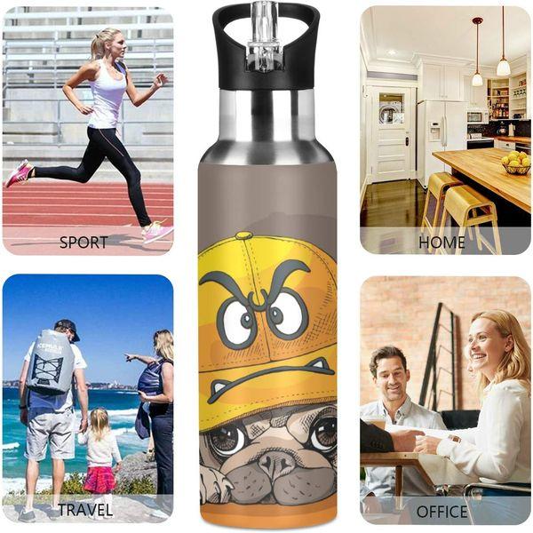 Stainless Steel Water Bottle with Straw, Funny Cartoon Pug Emoji Insulated Drink Flask Sports Water Bottle for Kids Adults, Leakproof, 600ml 4