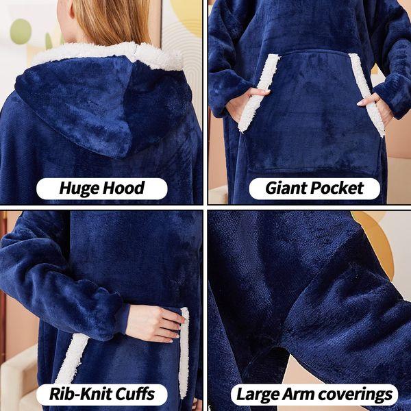 Oversized Blanket Hoodie for Women & Men, 400 GSM Sherpa Warm Cozy Long Wearable Snuggle Hoodie for Adults, TV Blanket Over Length, Navy 2