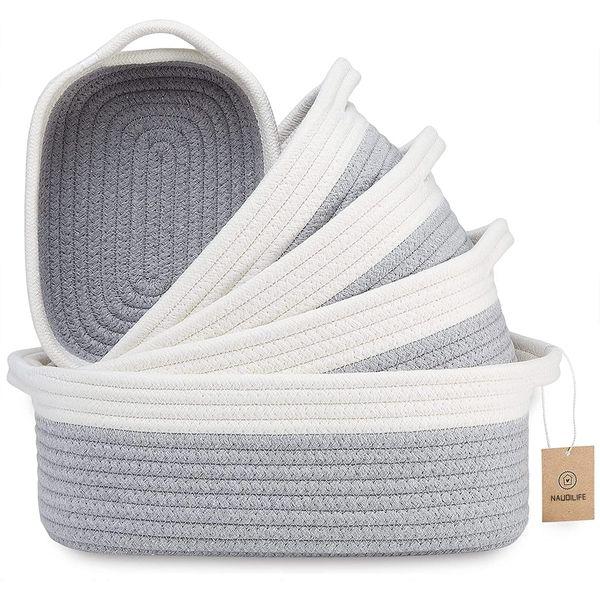 NAUDILIFE Storage Basket Set (5 Pieces) Braided Baskets Made of Natural Cotton Rope for Organising! Small Basket for Baby Room, Dog Toy Baskets, Cat Toy Box, Organising Basket