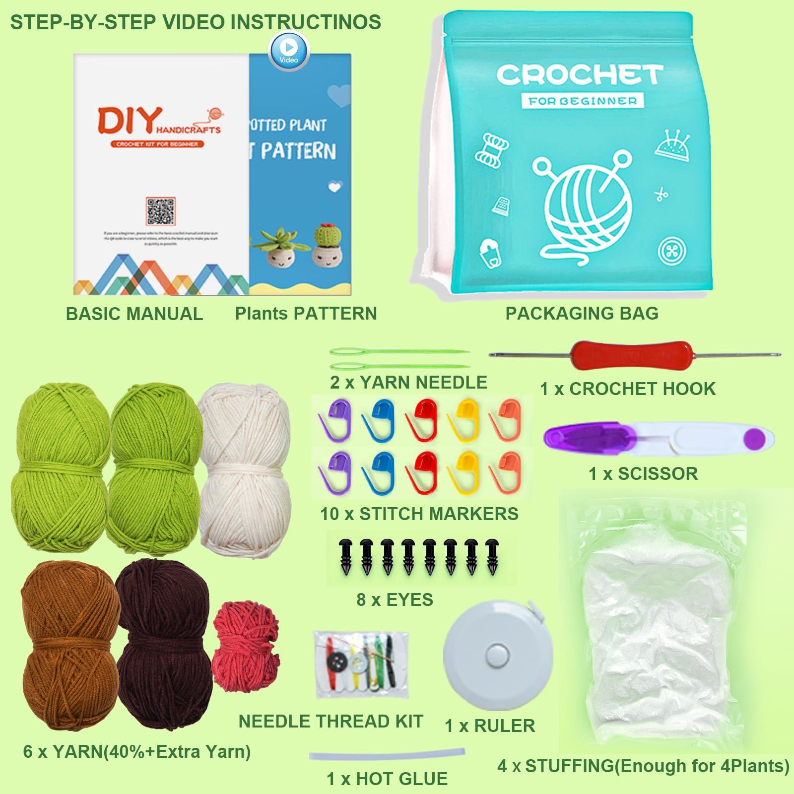 IFUNY Crochet kit for Beginners Adults,Crochet Animal Kit, Complete Knitting Kit with Yarn, Crochet Hooks, Step-by-Step Video, Learn to Crochet Starter kit for Beginners（4 pcs Cactus 3