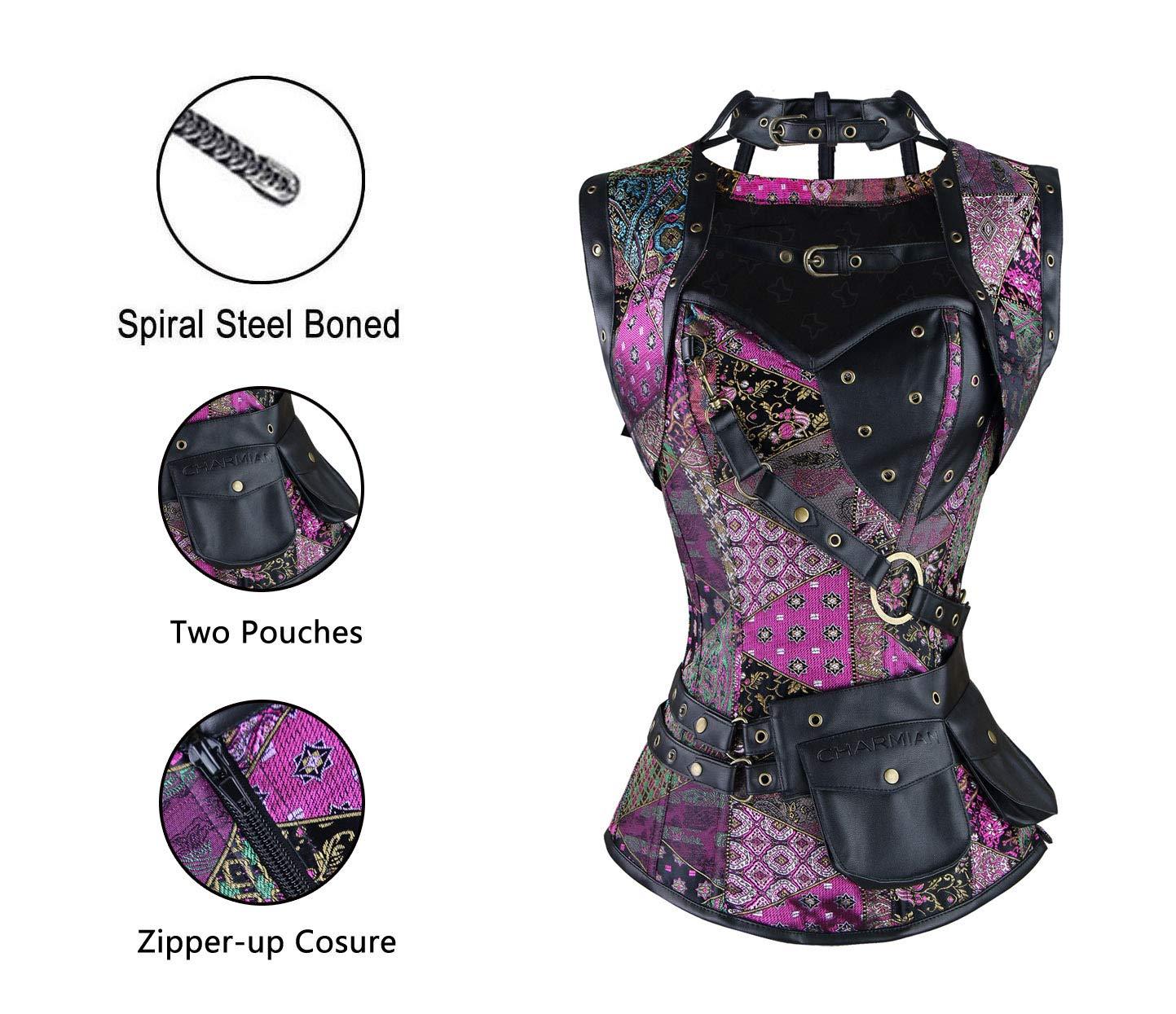 Charmian Women's Steel Boned Retro Goth Brocade Steampunk Bustiers Corset Top with Jacket and Belt Green Small 3