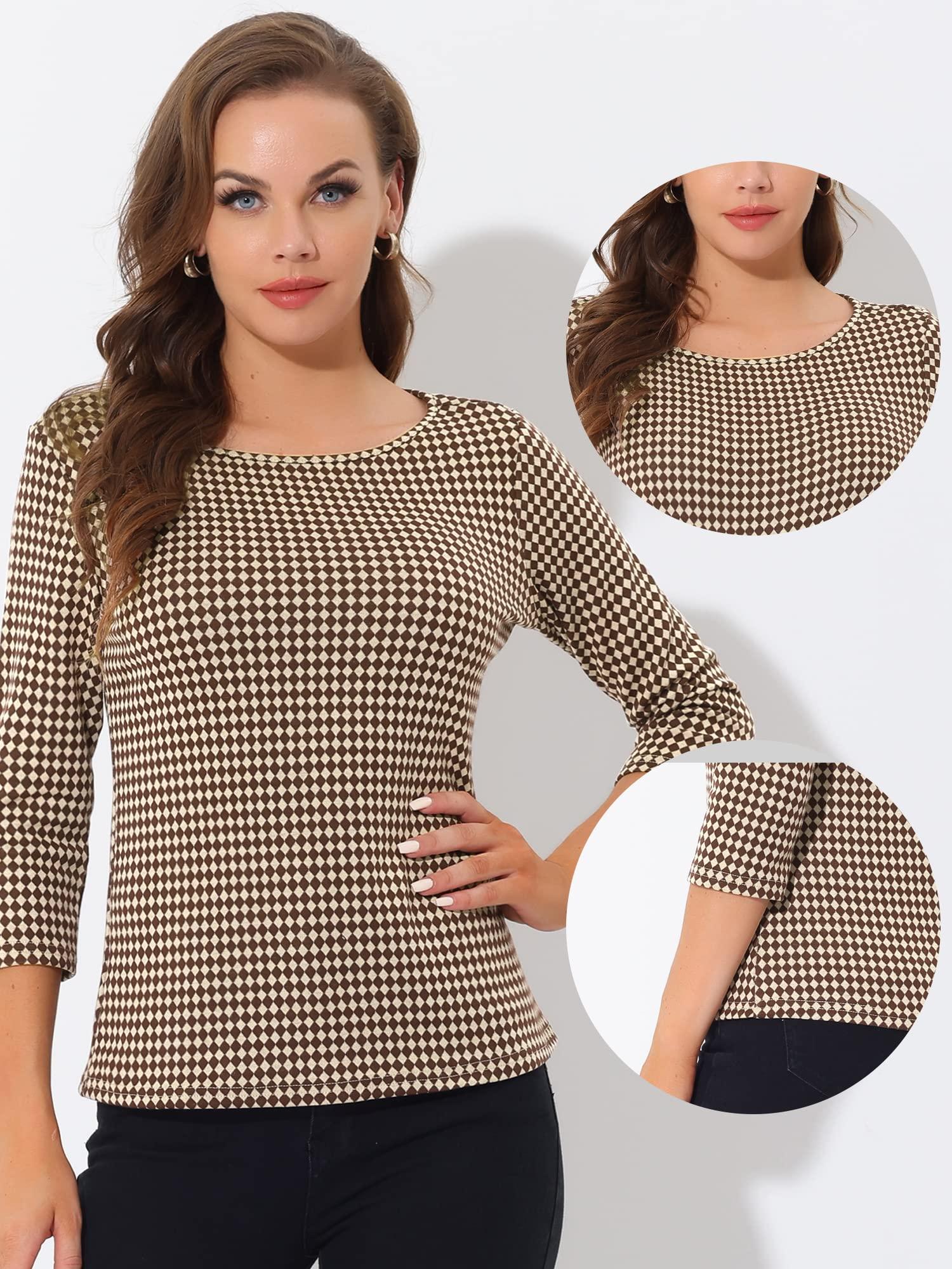 Allegra K Women's Work Office 3/4 Sleeve Boat Neck Houndstooth Printed Top Blouse Browns 8 1