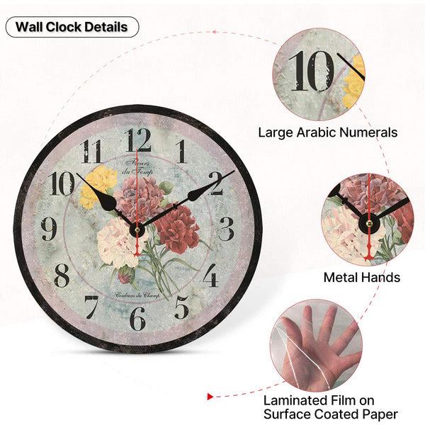 Toudorp Home Decor Wall Clock Accurate Quartz Movement Battery Operated Silent Wall Clocks Indoor Colorful Flowers Style Decorative Wall Clocks 14 Inch Easy to Read Wooden Round Wall Clock 3