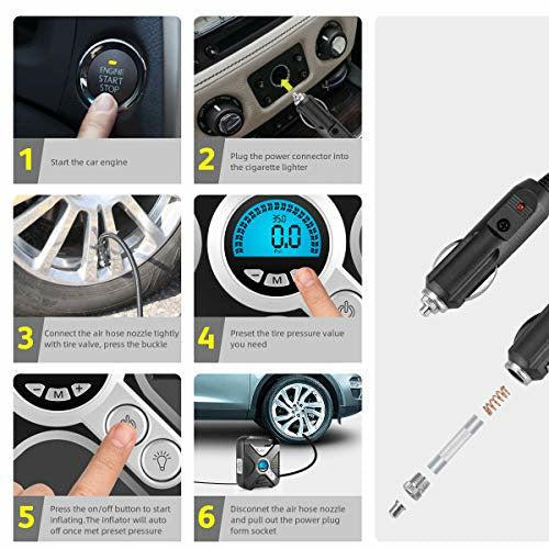 WindGallop Car Tyre Inflator Air Compressor Tyre Pump 12V Electric Car Air Pump for Car Tyres Bike Tyres with Digital Tyre Pressure Gauge and Inflator Valve Adaptors LED Light (Silver) 1