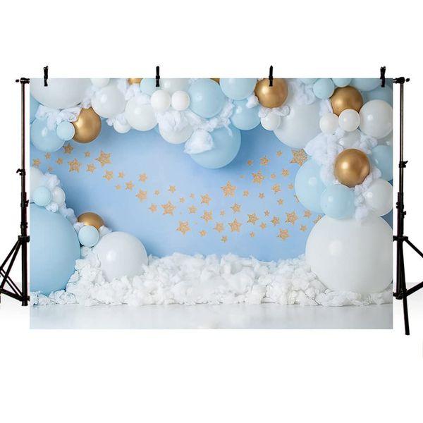 MEHOFOND 10x7ft Blue Boy Birthday Backdrops for Photography White Clouds Gold Balloons and Stars Kids Party Banner Background Cake Smash Table Decoration Portrait Photo Studio Props Gift Supplies 0