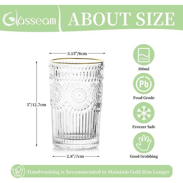 Glasseam Water Glasses Drinking, 400ML Clear Vintage Tumblers Glass Set of 6 Tall Highball Glass for Juice Coffee Tea for Party, Bar 4