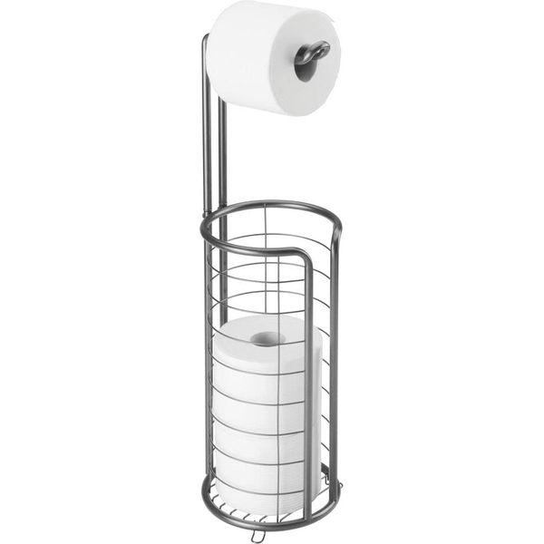 mDesign Free Standing Toilet Roll Holder for The Main or Guest Bathroom - Metal Loo Roll Holder - Toilet Paper Holder with Space for 3 Spare Rolls - Graphite Grey