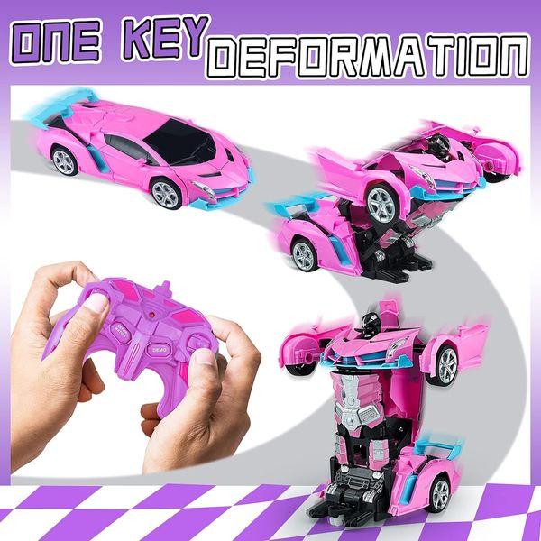 YongnKids Remote Control Cars for Kids, Rc Car for 3 Year Old Boys Gift, 2 in 1 Deformation Robot Toy Cars 1:18 Scale with LED Light & 360° Speed Drifting, Best Stunt Car Toys for Boys Girls (Pink) 1