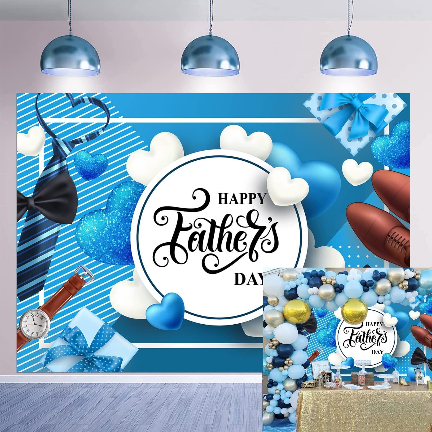 Happy Father's Day Backdrop Blue White Heart Stripe Tie Father's Day Party Background I Love Dad Thank You Daddy Man Festival Family Photography Decoration Supplies 7x5FT 0