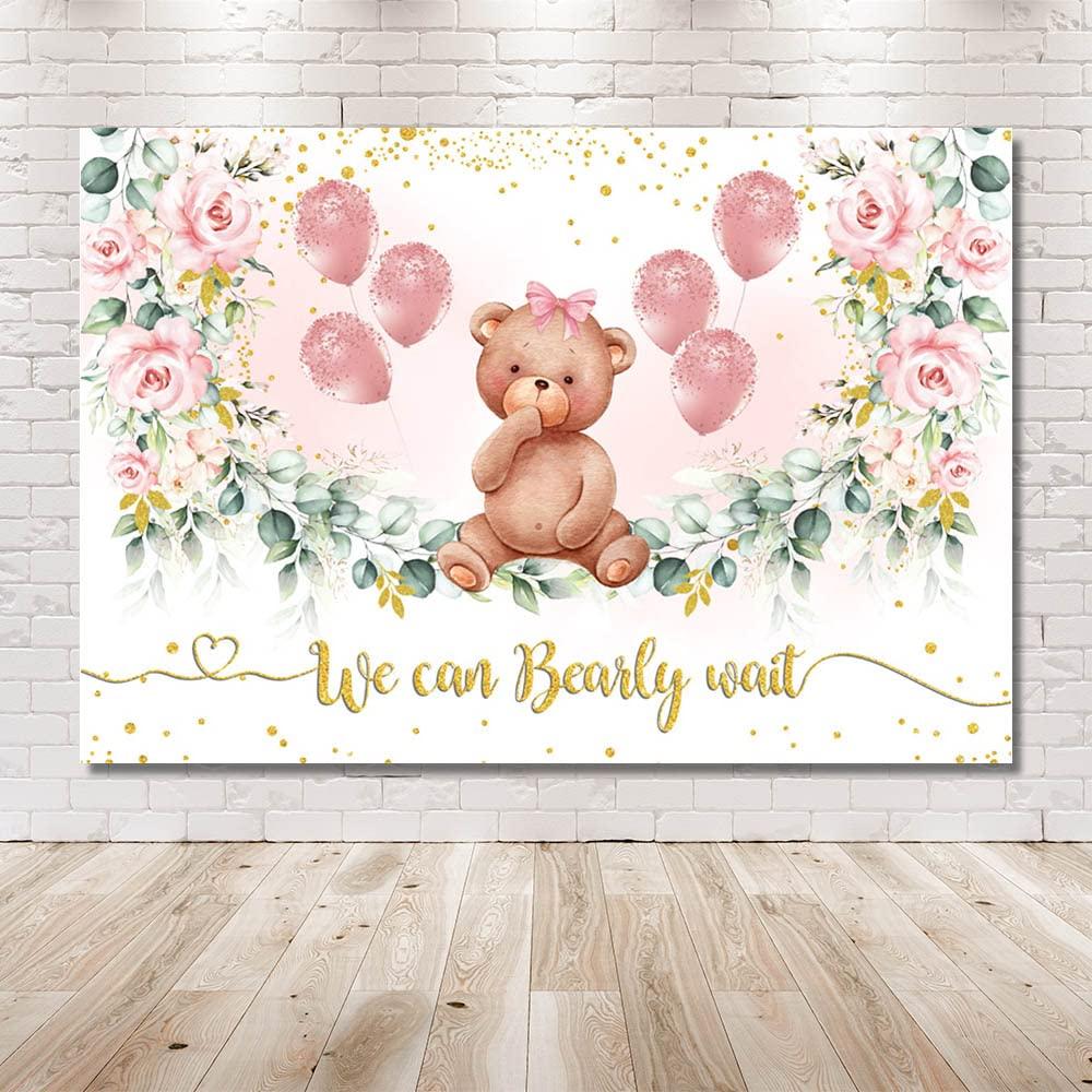 MEHOFOND 7x5ft Green And Gold Eucalyptus Leaves Bear Baby Shower Backdrop for Pink Flower Balloons We Can Bearly Wait Photography Background Party Cake Smash Decoration 1