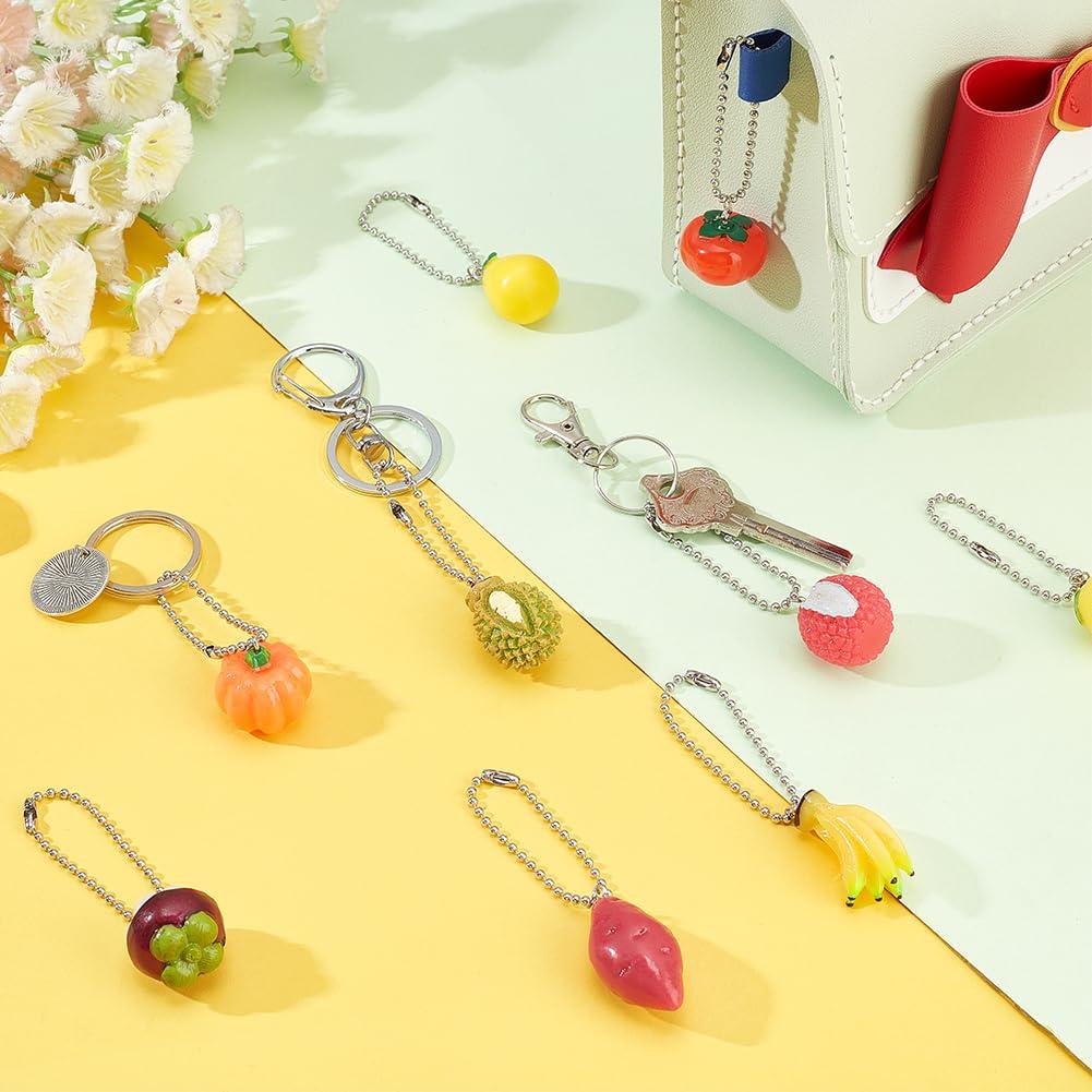 AHANDMAKER 22Pcs Fruit Keychain Fruit Theme Pendant Keychain Mixed Pineapple Pear Lemon Banana Fruit Keychain 3D Fruit Theme Pendant Keychain for Jewelry Making 3