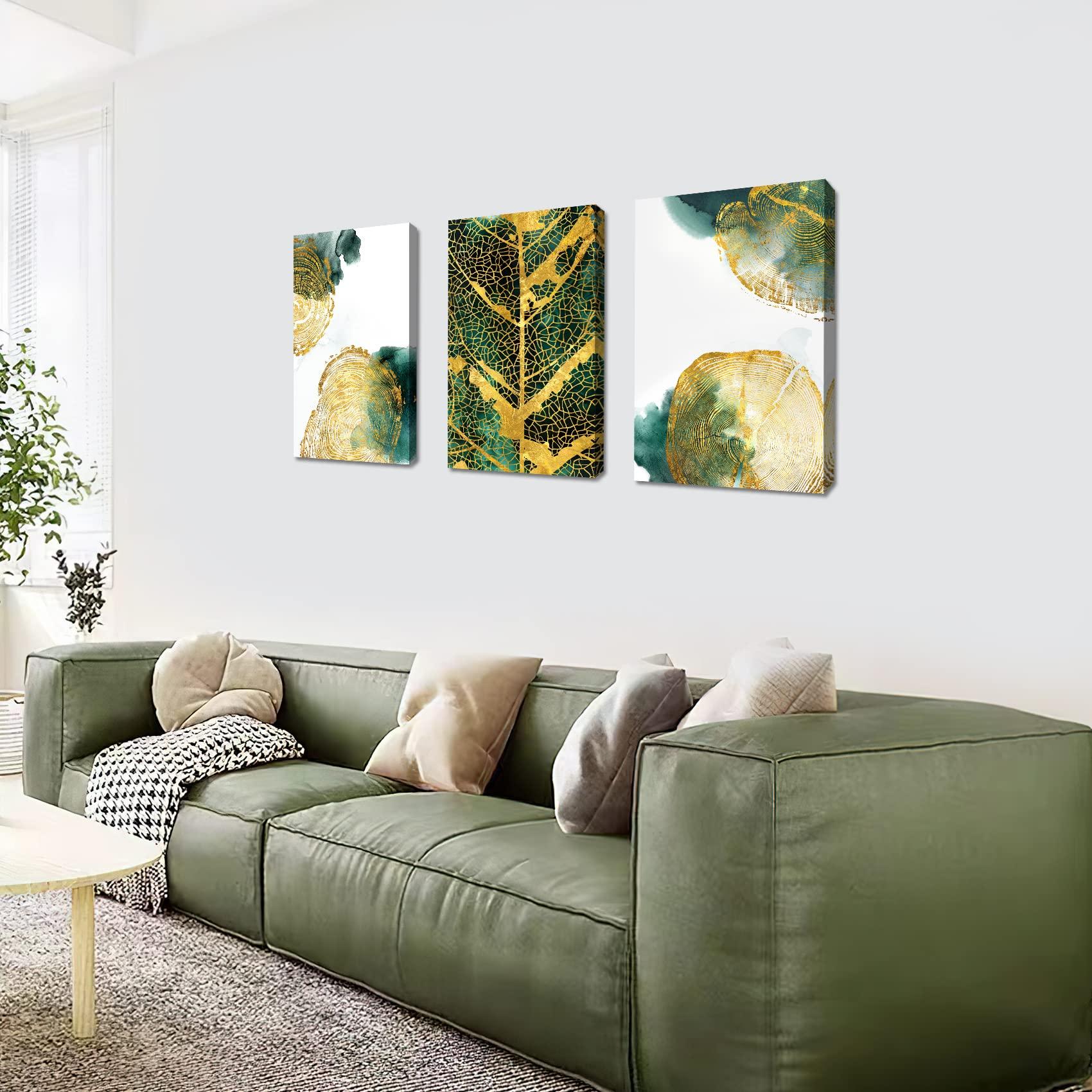 3 Panels Wooden Framed Canvas Wall Art Tree Golden Annual Rings Canvas Prints Tree Trunk Leaves Picture Painting Hallway Stairs Bedroom Living Room Wall Decor Ready To Hang 90x40cm(12"x16"x3pcs) 3