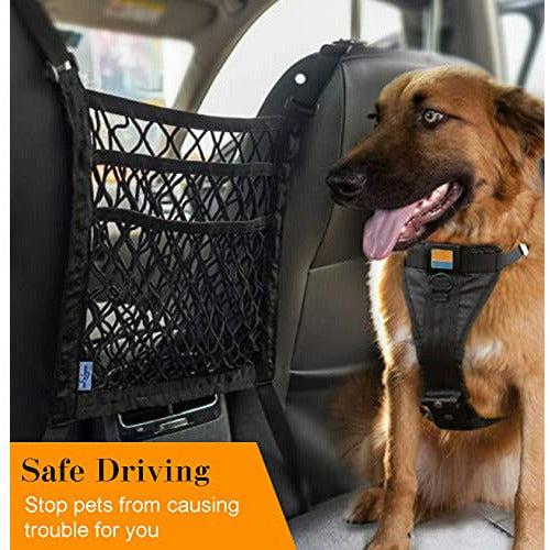 3-Layer Car Mesh Organizer with 2 Storage Hooks Seat Back Net Bag with Cord Fastener Stretchable Barrier of Backseat for Divider Pet Kids Driver Storage Netting Pouch 4