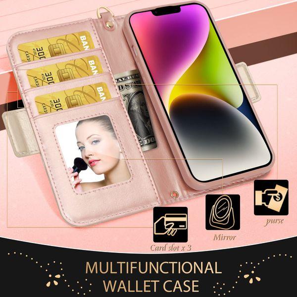 WWW Case for iPhone 14 Plus,PU Wallet Case with [Card Holders] [Hand Strap] and [Makeup Mirror] for iPhone 14 Plus (6.7") 2022 Compatible with Magsafe,ROSE GOLD 4