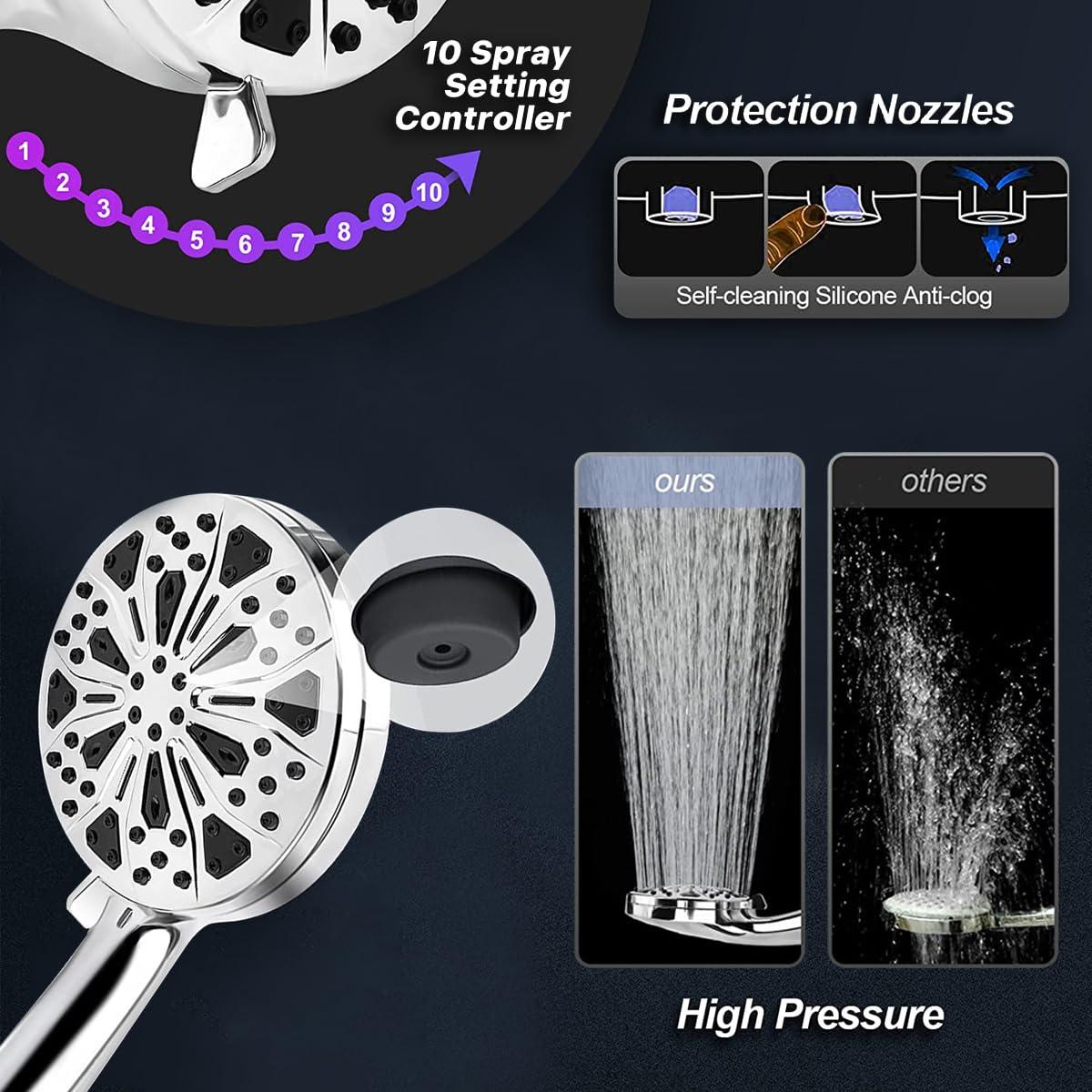 Shower Head and Hose 1.5M with Filter Kuyang High Pressure Shower Heads with 10 Spray Modes Large Powerful Flow Rainfall Showerhead for Low Pressure Hard Water Built-in Power Wash to Clean Tub 2