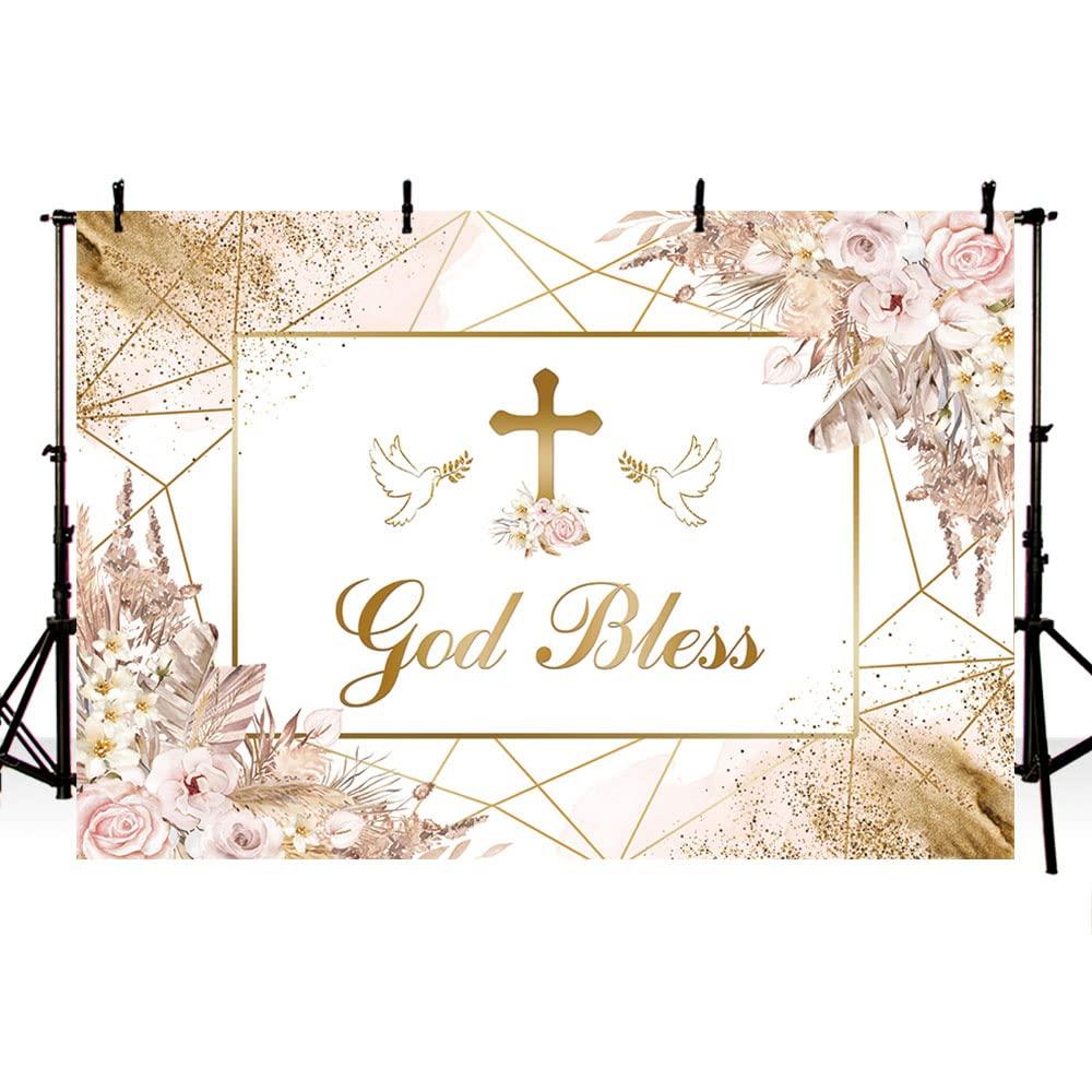 MEHOFOND 7x5ft God Bless Backdrop Bohemia Theme Pink Floral First Holy Communion Christening Dove Jesus God Bless Photography Background Newborn Baby Shower Cake Smash Decor Photo Studio Props 0