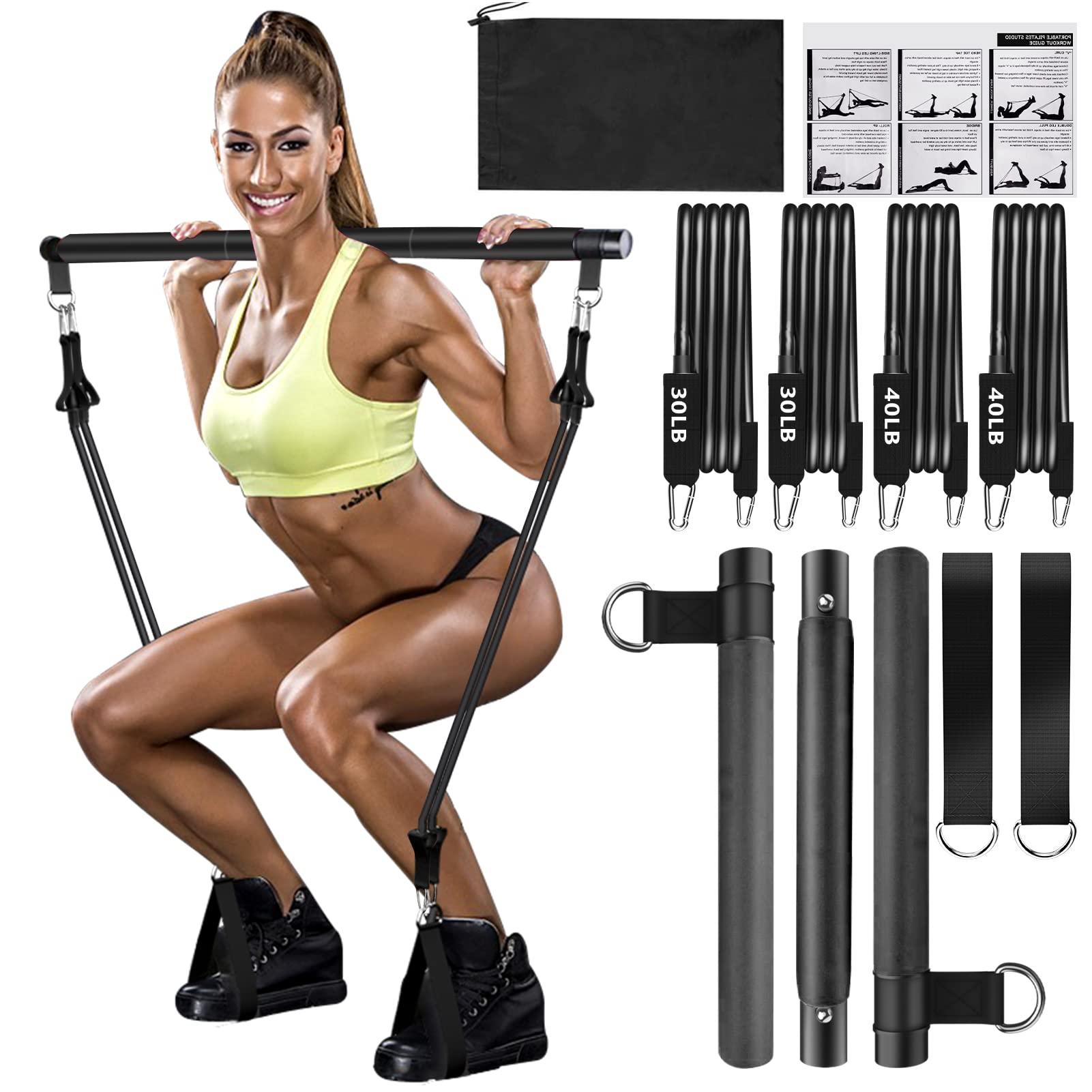 Qicool Pilates bar set, Adjustable Pilates bar kit with 4 resistances bands-2x40lbs,2x50lbs, foam handle and door anchor. Portable fitness equipment for at home, for yoga, stretching, shaping Pink 5