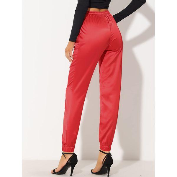 Allegra K Women's Work Trousers Drawstring Elastic Waist Athleisure Track Pants Ankle Length Satin Joggers with Pocket Red M 3