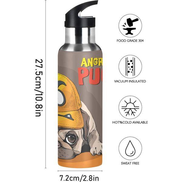 Stainless Steel Water Bottle with Straw, Funny Cartoon Pug Emoji Insulated Drink Flask Sports Water Bottle for Kids Adults, Leakproof, 600ml 1