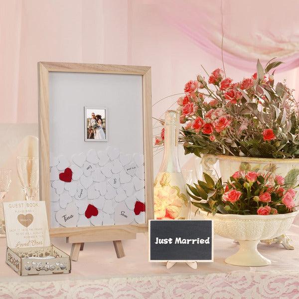 Wedding Guest Book MONCAP Wooden Wedding Drop Top Frame Alternative Guest Book with 106pcs Hearts & Wooden Box & Mini Message Blackboard for Wedding Reception Anniversary Baby Shower Birthday 3