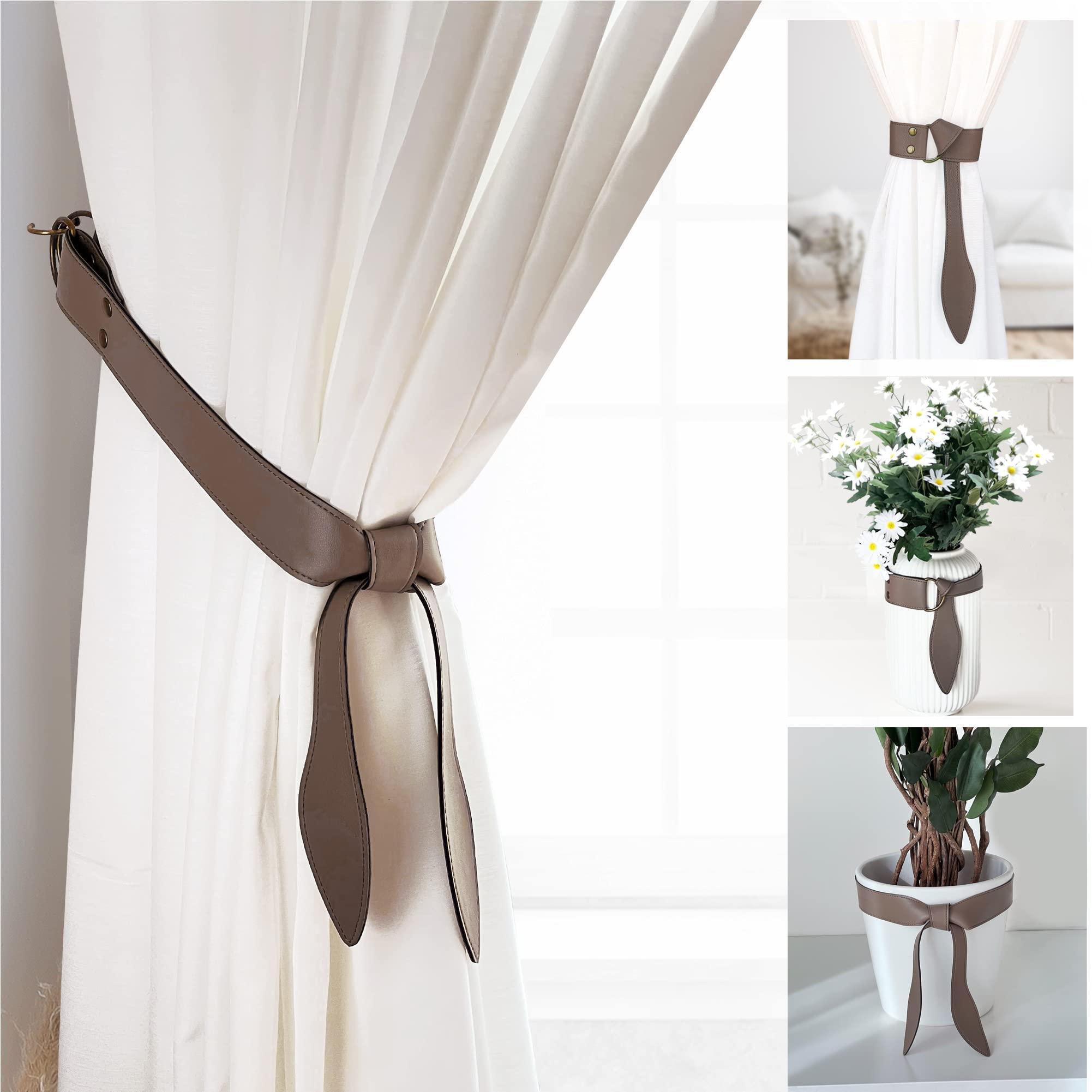 Set of 2 curtain tiebacks made of synthetic leather. Design curtain tiebacks. Use them as embellishments for vases and lamps. Includes wall hooks (Grey) 0