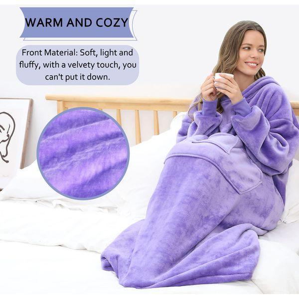 FUSSEDA Oversized Wearable Blanket Sweatshirt,Super Thick Warm Fleece Sherpa Cozy Blanket Hoodie with Pockets&Sleeves for Adult Kids Violet 4