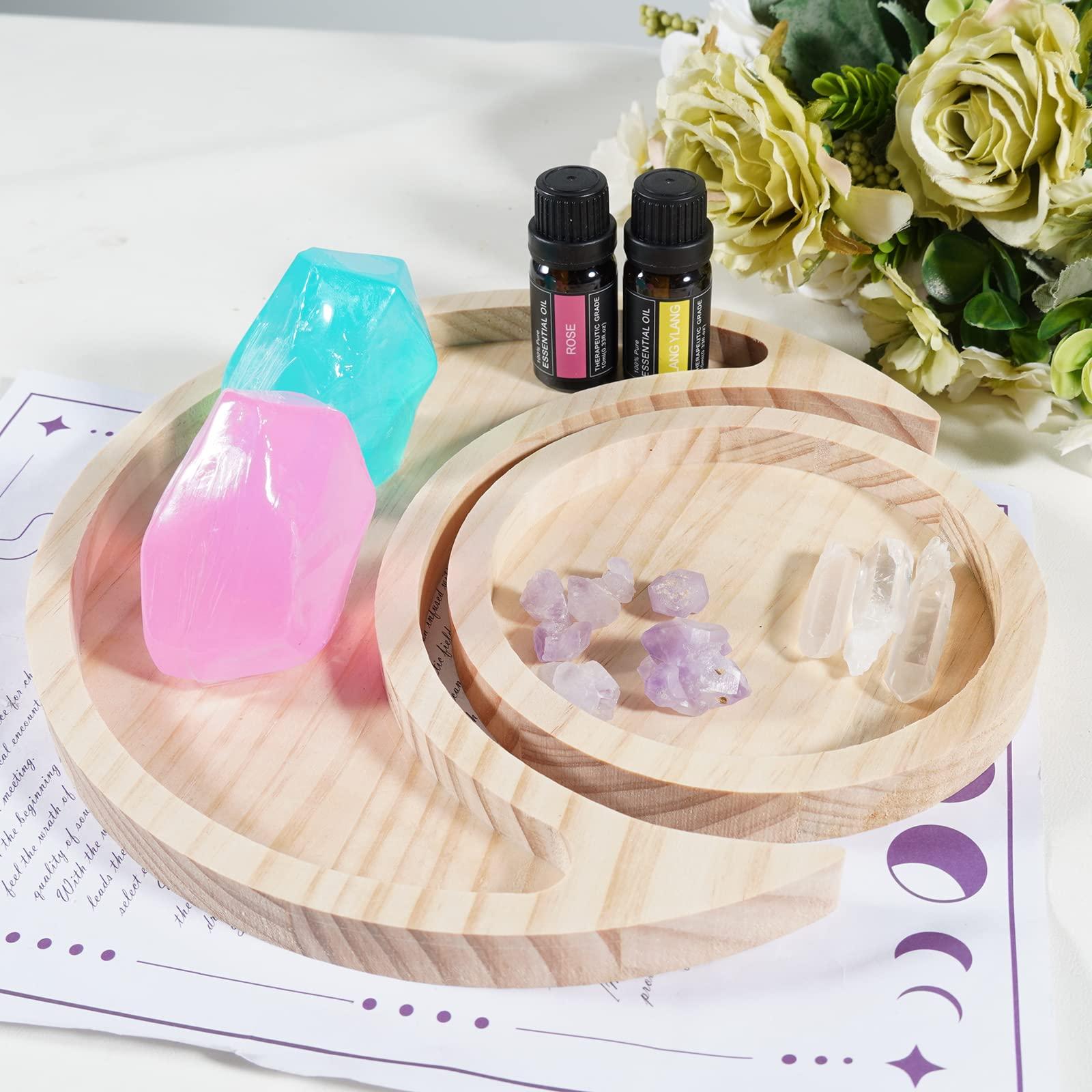 Soulnioi Crystal Holder Tray(SUN+MOON), Decorative Display Tray for Jewelry, Crystal Stones, Essential Oils, with 2pcs Handmade Soap and 7pcs Amethyst Flower Stones, 3pcs White Crystal Pointed Pillars 3