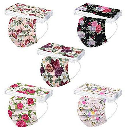 50Pc Spring Flower Disposable 3ply Face_Mask for Glasses Wearer With Nose Wire Colorful Floral Printed Facemask for Beach (Adult 19) 3