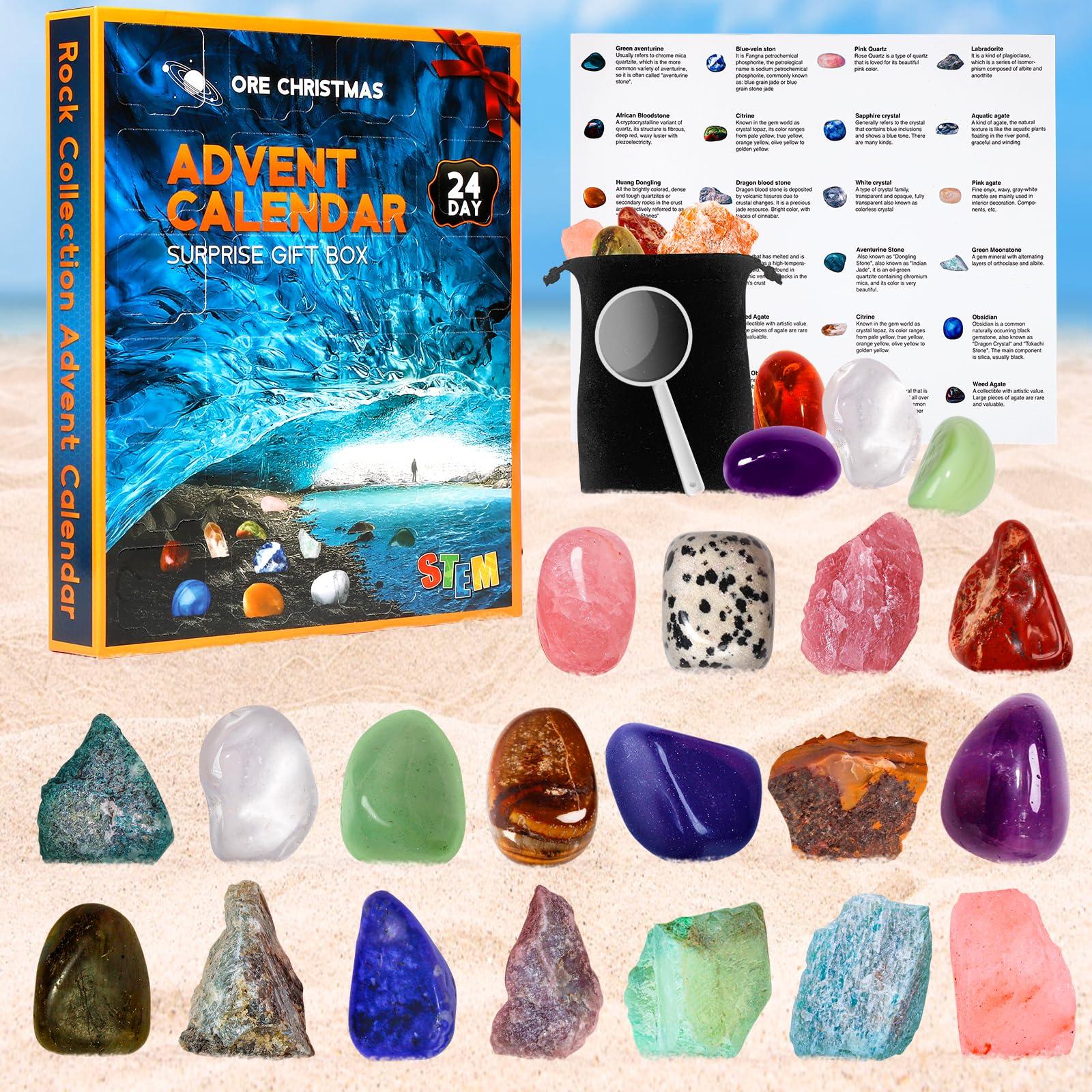 Gemstone Advent Calendar 2023 For Kids, 24 Days Christmas Countdown Calender, Crystals, Natural Rock Stones and Minerals, Christmas Gifts for Girls Boys and Geology Enthusiasts