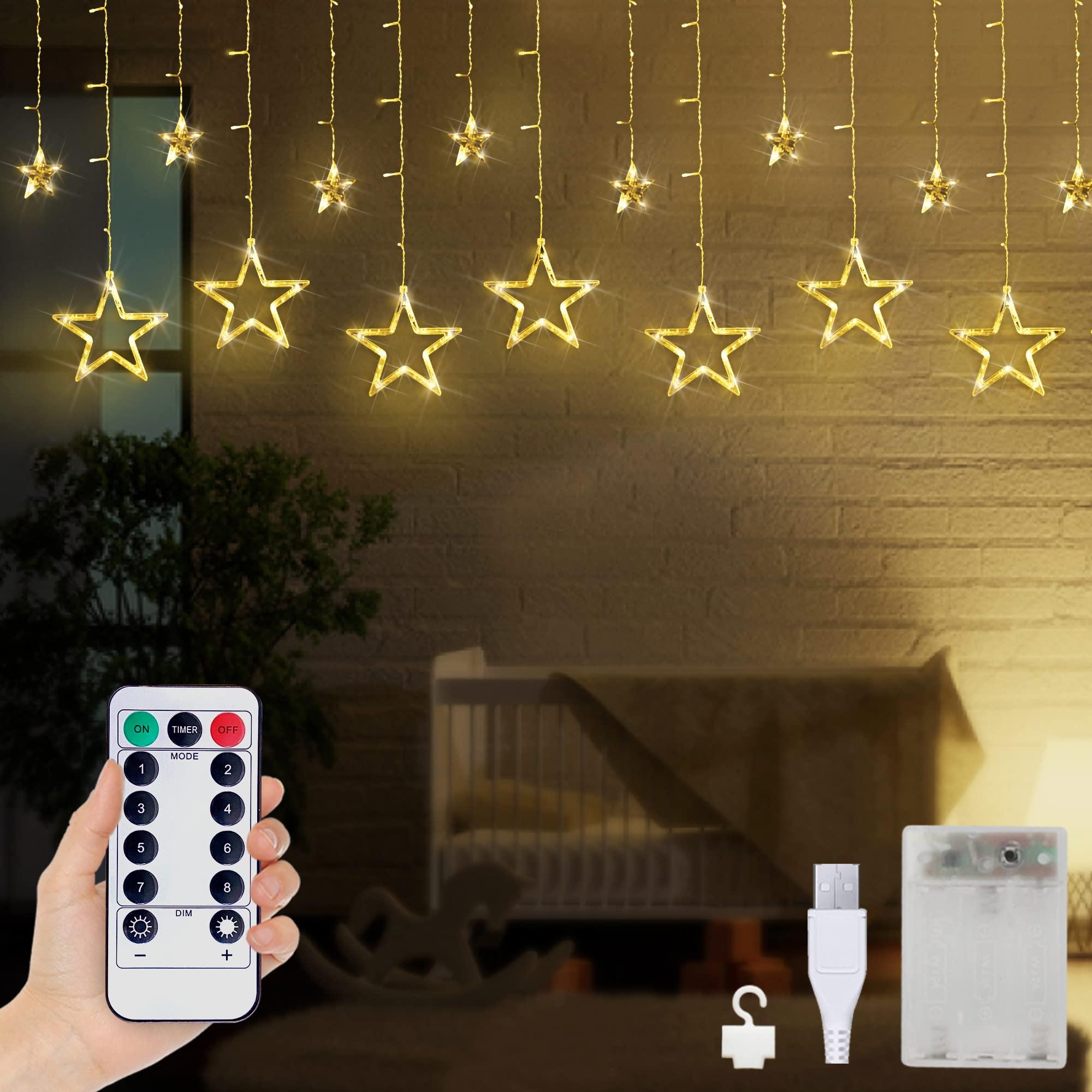 12 Star Curtain Lights with Remote Control 138 LEDs Fairy Light 8 Lighting Modes USB Powered for Bedroom Garden Party Wedding Christmas, Ideale Gift for Family Friends (Warm White) 1