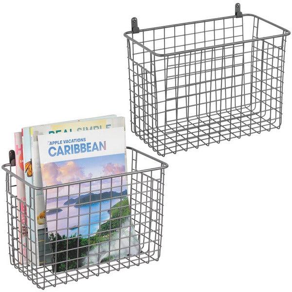 mDesign Set of 2 Hanging Storage Baskets - Large Wall-Mounted Metal Wire Basket - Multi-Purpose Organiser Tray for Household Items - Graphite Grey