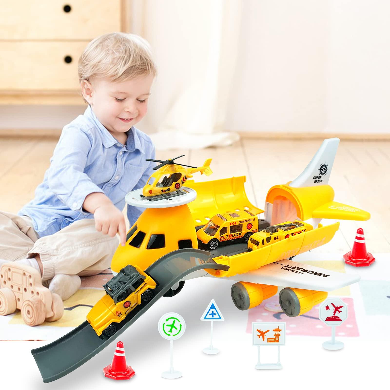 Ynybusi Plane Toy Transport Cargo Airplane Toys for 2 3 4 5 6 Year Old Boys Girls,Kids Aircraft Playsets with 1 Helicopter & 3 Construction Cars & 6 Road Signs 1