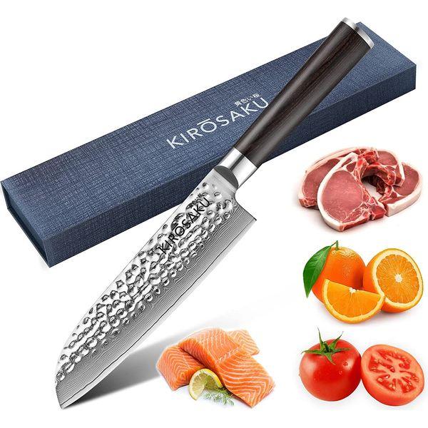 Kirosaku Premium Santoku Japanese Knife Damascus Steel 18 cm - Santoku Chef Knife Made of Japanese Damascus Steel and Pakka Wood Handle for a Fantastic Cutting Experience 0