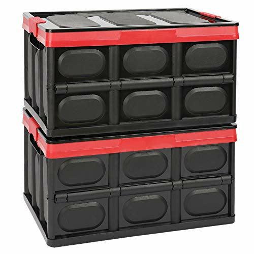 Tuevob 2 Pack Collapsible Storage Boxes Crates 30L Lidded Storage Bins Plastic Tote Storage Box Container Stackable Folding Utility Crate for Clothes, Toy, Books,Snack, Shoe Grocery Storage Bin-Black 0