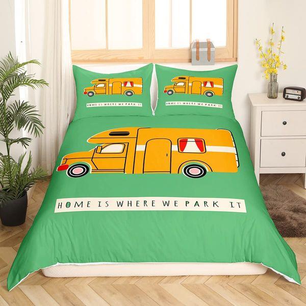 Homewish Cartoon Rv Car Comforter Cover 2 Piece Toy Car Print Duvet Cover For Boys Girls Kids Happy Rv Camping Bedding Set Single,Motorhome Accessories For Inside Yellow Green Bedding,Breathable 2
