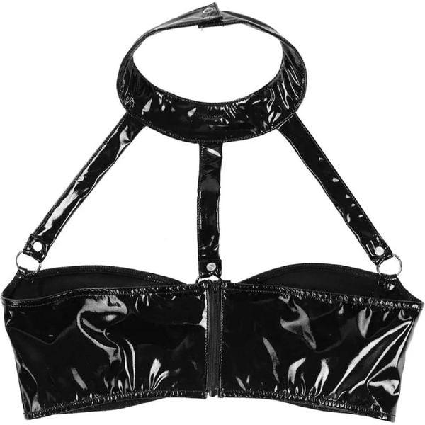 No Name Ltd Sexy PVC Bra Top Vinyl Bandeau High Shine Stretch PU Micro Patent Leather Uplift Pole Dance Shiny Outfit O-Ring Rave Clubwear Party (UK 8) 3